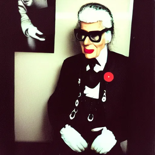 Image similar to polaroid photo of Ronald McDonald putting on makeup in the dressing room, premiere nerves, style of Karl Lagerfeld