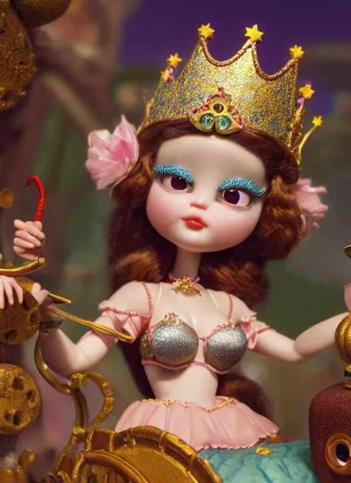 Image similar to highly detailed closeup, profile portrait of a tin toy fairytale princess wearing a crown eating cakes, bikini, unreal engine, nicoletta ceccoli, mark ryden, earl norem, lostfish, global illumination, detailed and intricate environment