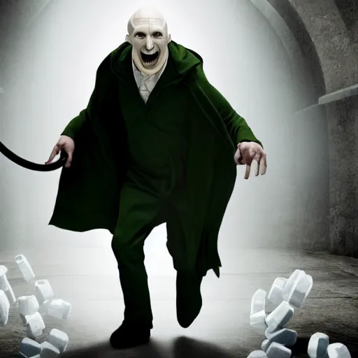 Image similar to Voldemort laughs maniacally as he pumps and dumps a cryptocurrency, film still, marvel studios, pixar