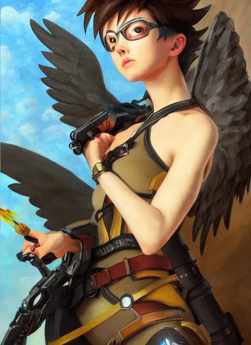 Prompt: oil painting of tracer overwatch in the style of sophie anderson, flying, angel wings, black outfit,