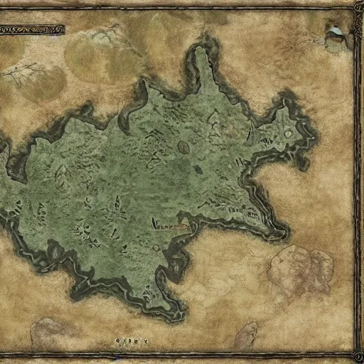 Image similar to Elder Scrolls Skyrim game screenshot of a large map on a table that is shaped like a fox