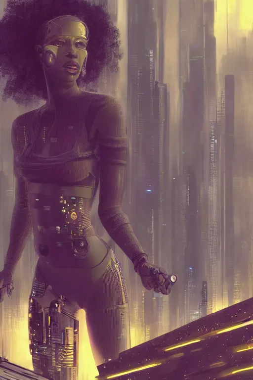 Image similar to a beautiful young Black woman, cyberpunk, Blade Runner city background, highly detailed, 8K, artstation, illustration, art by Gustav Klimt