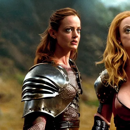 Image similar to heather graham, warrior princess, leather armor, movie still, film, triumphant pose