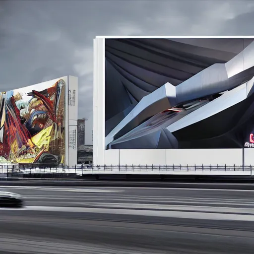 Image similar to sci-fi cars trucks motorcycles 50% of canvas in center and wall near structure on the coronation of napoleon painting and digital billboard in the middle and everything in style of zaha hadid and suprematism forms unreal engine 5 keyshot octane artstation trending bladerunner 2049 colors lighting ultra high detail ultra photo realistic 8k 16k in plastic dark tilt shift