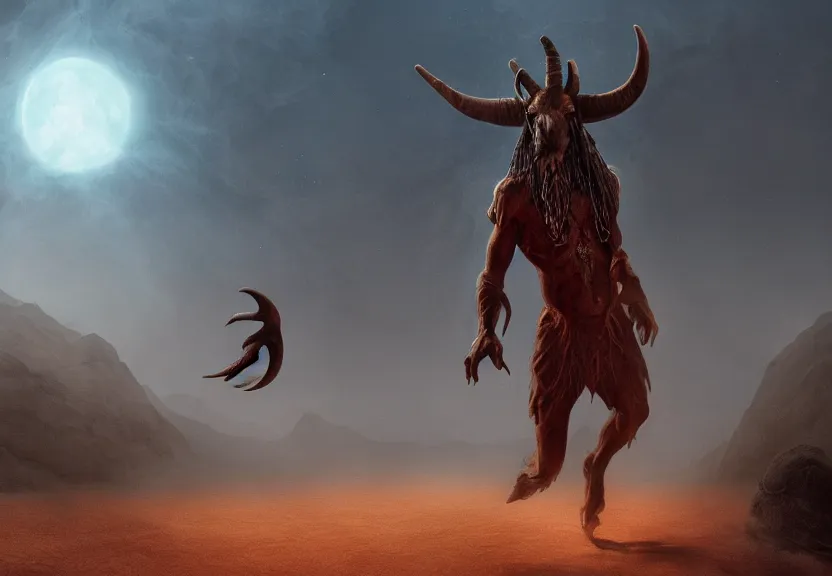 Prompt: terrific jinn demon in middle of desert with hoof on his feet and goat face with long cloth afraid of beautiful powerful angel, epic, good vs evil, atmosphere, harsh lighting, cinematic lighting,, award wining art, artstation, high details, concept art, 4 k