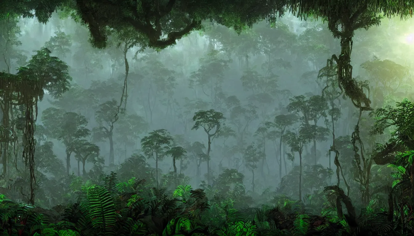 Image similar to deep mayan jungle forest realm biodiversity , side-scrolling 2d platformer game level, swirling clouds of magical mist through the trees, ancient forbidden temple ruins in tre background between the tree trunks, dramatic dusk sun illuminates areas , volumetric light , detailed entangled roots carpet the forest floor, rich color , upscale , 8k