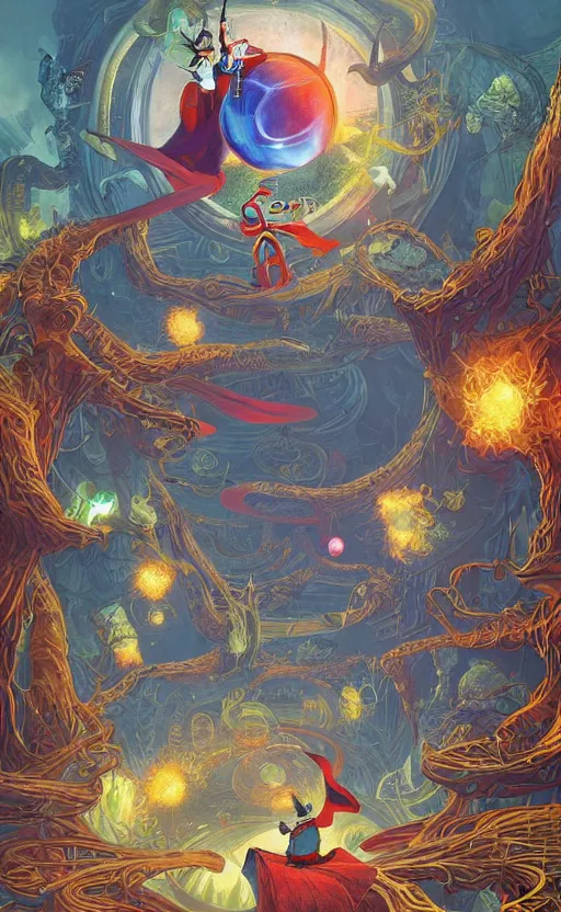 Image similar to the third first image on the scattered absurdity server, dr seuss, and dr strange, very pretty, photorealistic, portal hopping and time warping with reckless abandon, by Greg rutkowski, Jacek Yerka, Dan Mumford