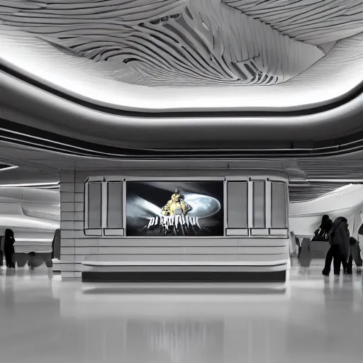 Image similar to sci-fi organic brutalism speed dynamic o x u airport interior wall panel on the coronation of napoleon painting and digital billboard in the middle, unreal engine 5, keyshot, octane, artstation trending, ultra high detail, ultra realistic, cinematic, 8k, 16k, in style of zaha hadid, in style of nanospace artstation, in plastic,dark, tilt shift,