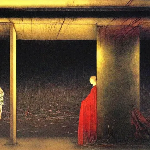 Prompt: a some people waiting in a lone bus stop in quiet dark city night, high quality, high resolution,detailed,Beksinski painting, part by Adrian Ghenie and Gerhard Richter. art by Takato Yamamoto. masterpiece