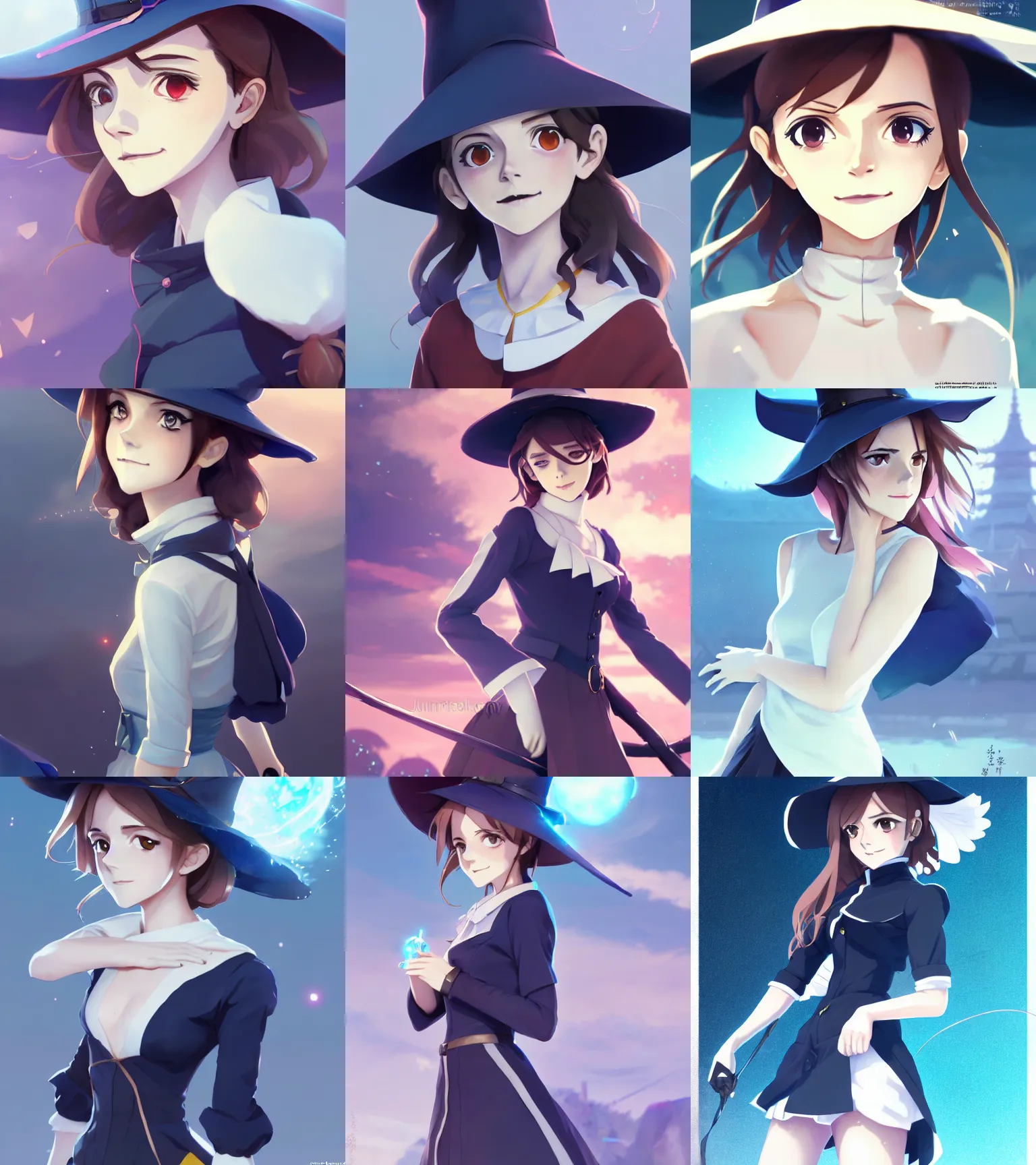 Prompt: attractive Emma Watson as Atsuko Kagari, hourglass slim figure, full body shot close up, cute seductive smile, details, blue witch outfit and hat, sharp focus, Little Witch Academia illustration, by Jordan Grimmer and greg rutkowski, Kyoto Animation and Trigger anime style, Trending artstation, pixiv, digital Art