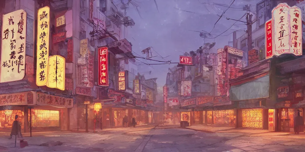 Prompt: old cinema in chinatown, evening, matte painting, studio ghibli, artstation