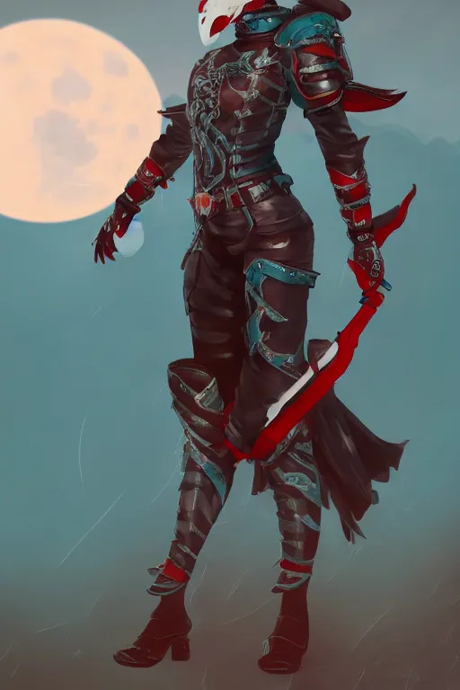 Image similar to female adventurer in tight full - body teal leather armor of japanese design with red accents and a white porcelain crow mask, trending in artstation, japanese, artstation, big moon in the background, establishing shot