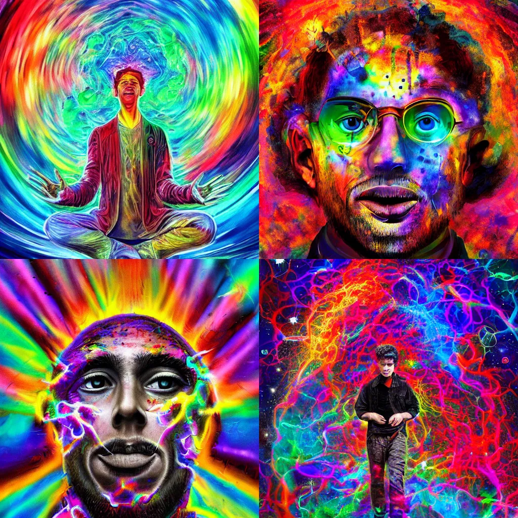 Prompt: Today a young man on acid realized that all matter is merely energy condensed to a slow vibration, that we are all one consciousness experiencing itself subjectively, there is no such thing as death, life is only a dream, and we are the imagination of ourselves trending on artstation