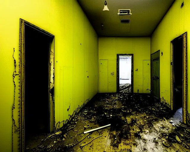 Prompt: the backrooms, the eerie forlorn atmosphere of a place that's usually bustling with people but is now abandoned and quiet, walls with tone of yellow, buzzing fluorescent lights, unsettling images, liminal space, dark