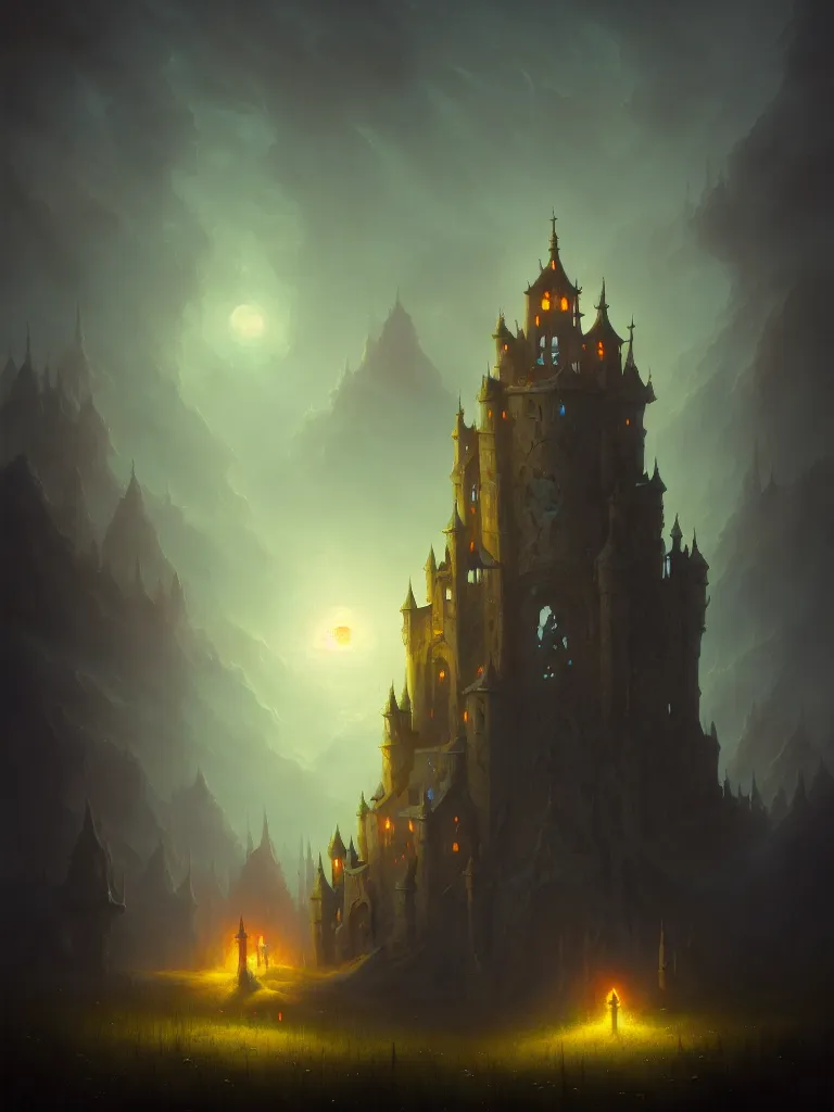 Image similar to a necromancer's castle in a meadow by peter mohrbacher, moody lighting, fantasy art, grimdark, magic