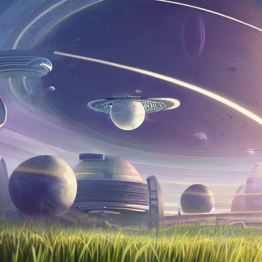 Prompt: A space station with grass fields and futuristic buildings orbiting saturn, extra detailed, digital illustration, by Makoto Shinkai and thomas kinkade, digital painting, Matte painting, trending on artstation and unreal engine