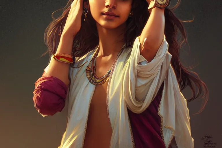 Image similar to Anxious pretty pale young Indian doctor wearing jeans at the airport, portrait, elegant, intricate, digital painting, artstation, concept art, smooth, sharp focus, illustration, art by artgerm and greg rutkowski and alphonse mucha