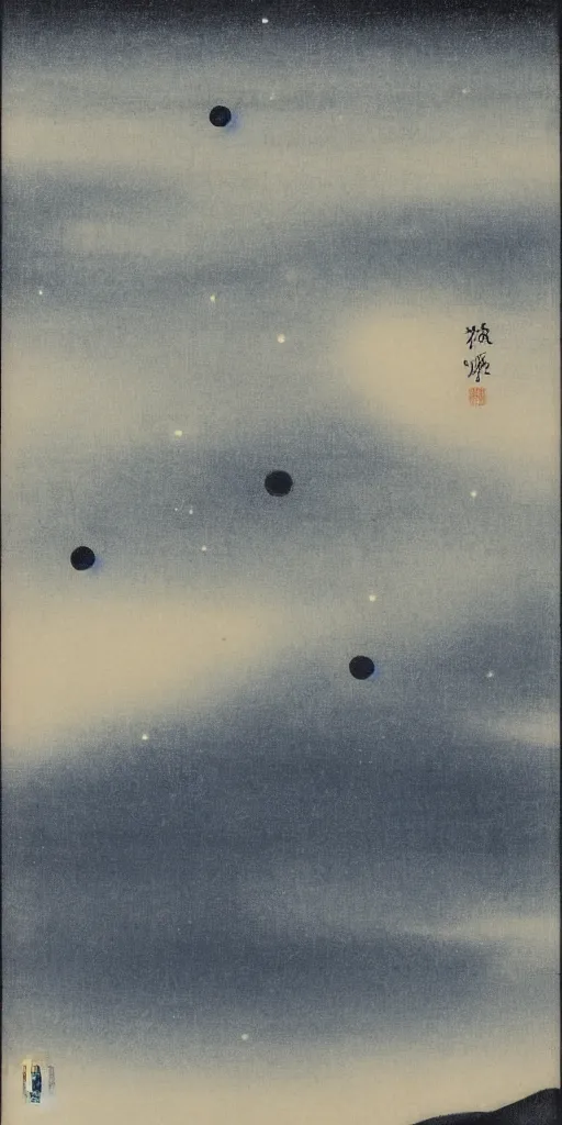 Prompt: painting of the night sky by kitano tsunetomi, 1 9 3 9, monochromatic