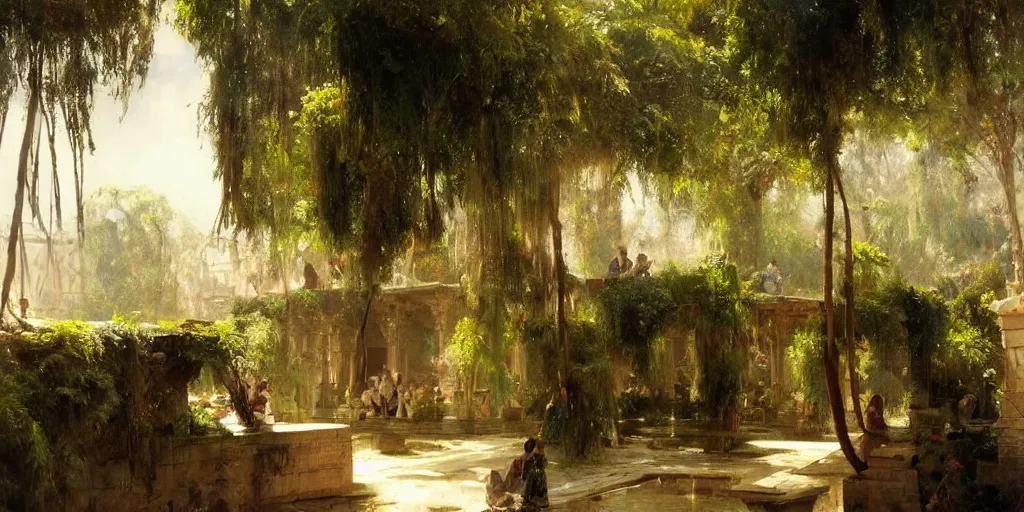 Image similar to beautiful landscape oil matte painting, of ancient hanging gardens of babylon, art by anders zorn, wonderful masterpiece by greg rutkowski, beautiful cinematic light, american romanticism, by thomas lawrence, greg rutkowski