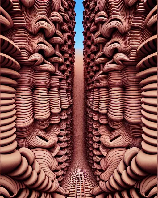 Image similar to detailed realistic architectural painting of hundreds of alien mandelbulb gates stacked like jenga made of carved out ivory shades of red by mc escher