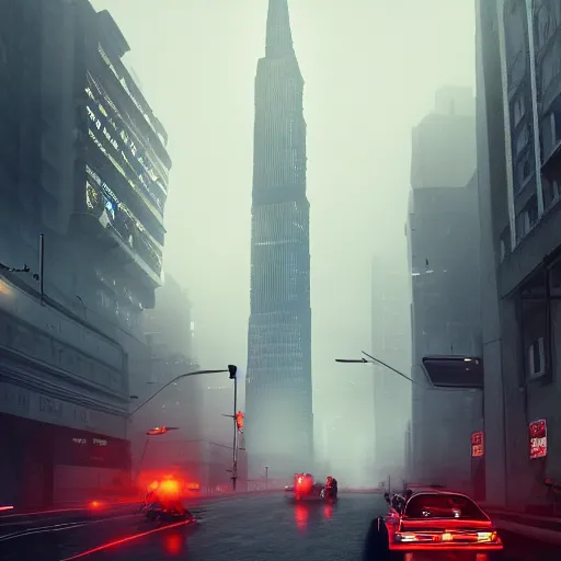 Prompt: in a city with a rich history, the huge building stands in the middle, a man dead on the road, blade runner 2 0 4 9, highly detailed, cinematic landscape ， foggy ， octane render ， trending on artstation,