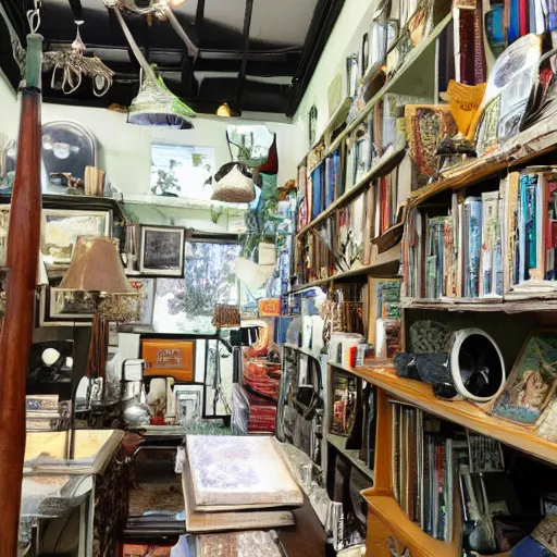 Prompt: Location : oceanic antique store in the rain Details to include : hammock deadly nightshade pile of magazines