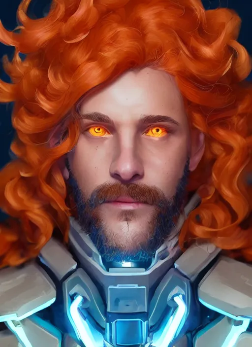 Image similar to glowwave portrait of curly orange hair man from overwatch, au naturel, hyper detailed, digital art, trending in artstation, cinematic lighting, studio quality, smooth render, unreal engine 5 rendered, octane rendered, art style by klimt and nixeu and ian sprigger and wlop and krenz cushart.