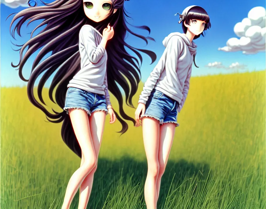 Prompt: richly detailed film still from 1971 in italy of a beautiful woman with long metallic hair wearing a hoodie and short shorts, she staring at the camera happily. standing in a grassy field, art by Range Murata and Artgerm.
