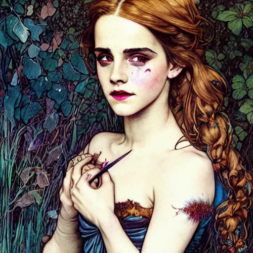 Image similar to a beautiful painting of emma watson dressed as a teenage poison ivy, dark eyeliner, intricate, elegant, highly detailed, digital painting, artstation, concept art, matte, sharp focus, illustration, art by rebecca guay and by arthur rackham and by alphonse mucha and by john william waterhouse