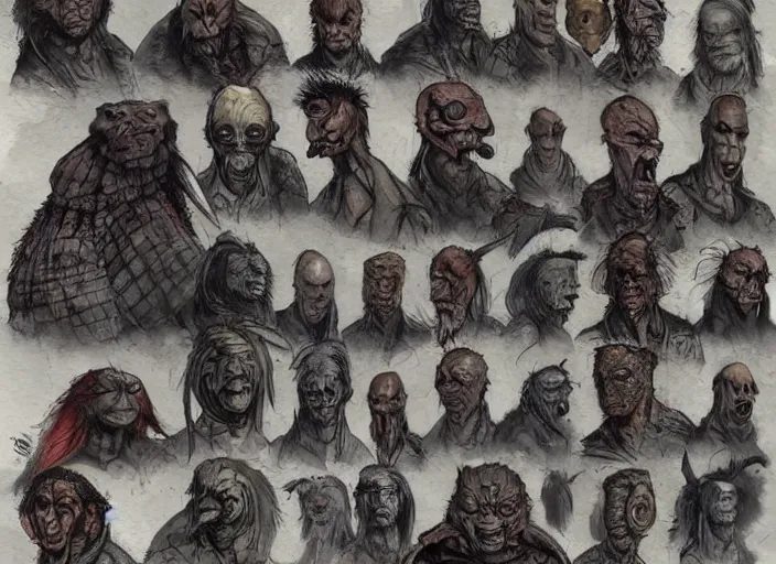 Image similar to mutant creatures, character design by enki bilal, close - up, very coherent, trending on artstation