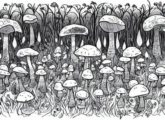 Image similar to illustration of a mushroom forest landscape, (inktober), line art, ((water color)), by Bill Waterson, By Jake Parker, by Brian Kesinger