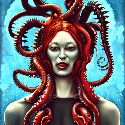 Image similar to scorn giger venom alien doom zdislaw bekinski horror hell alien tentacles satan fire flame octopus, beautiful underwater redhead ballerina portrait as a belly dancer, pixar style, by tristan eaton stanley artgerm and tom bagshaw.