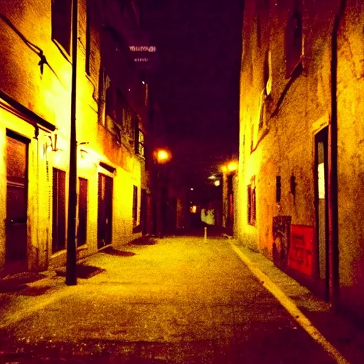 Prompt: a creepy cell phone camera picture of an alleyway in west philadelphia at night, with a college - aged woman in the distance.