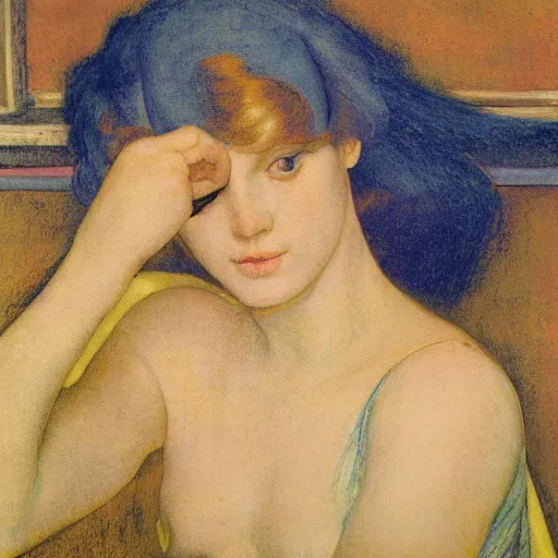 Prompt: close up of a girl in a blue and gold haunted liminal abandoned room, film still by edward hopper, by Pontormo, by klimt, by dante gabriel rossetti, pre-raphaelite. art noveau, art noveau, highly detailed, strong lights, liminal, eerie, Bright pastel colors
