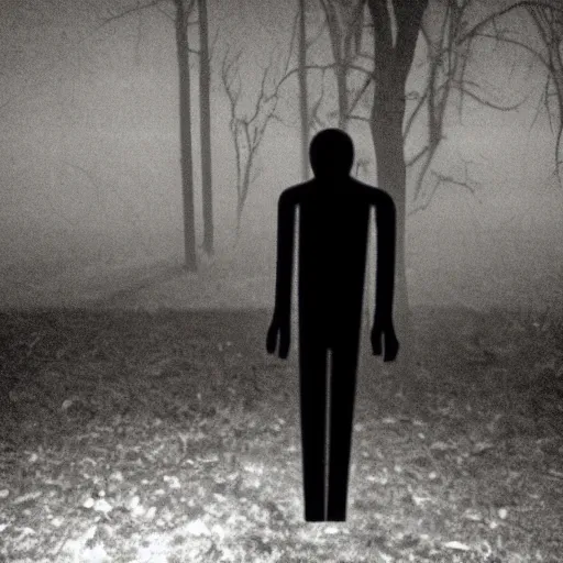 Image similar to night vision trailcam photo of the slenderman shadow person standing in an overgrown playground