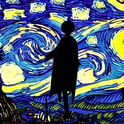 Prompt: a skeleton in black cloak in starry night style