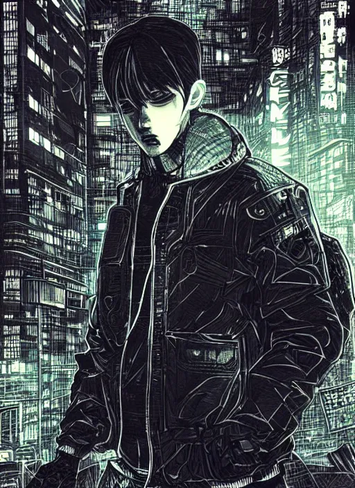 Prompt: manga cover, ryan gosling, techwear fashion, intricate cyberpunk city, emotional lighting, character illustration by tatsuki fujimoto