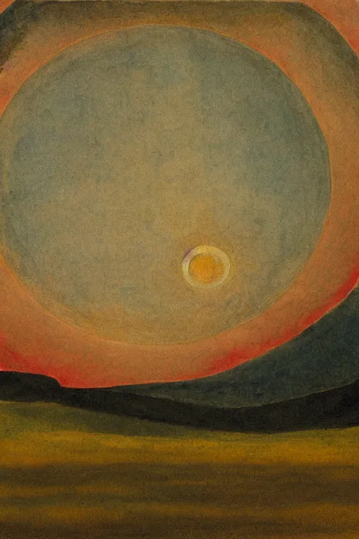 Image similar to painting of a plain landscape with large red sun at the top in the style of william blake