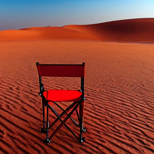 Image similar to a red camping chair in the middle of the sahara desert. the chair is 1 0 feet away from the camera.