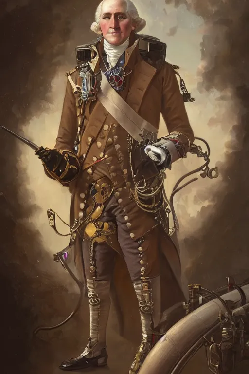 Image similar to george washington as a steampunk cyborg, portrait, western, steampunk, duster, fantasy, intricate, elegant, highly detailed, digital painting, artstation, concept art, sharp focus, illustration, art by artgerm and greg rutkowski and alphonse mucha