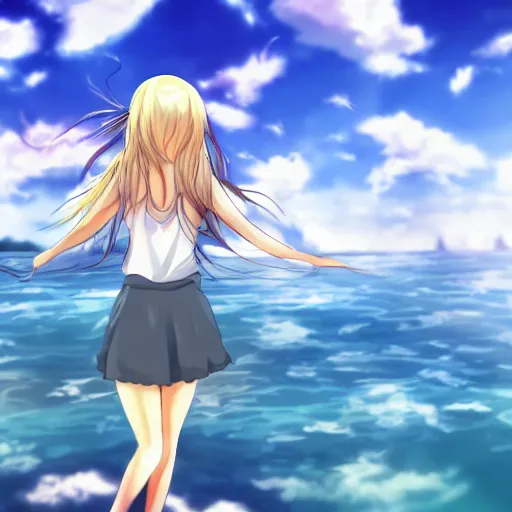 Image similar to beautiful anime girl is walking on water