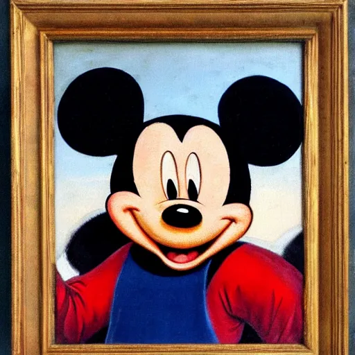 Image similar to medieval oil painting of portrait of mickey mouse