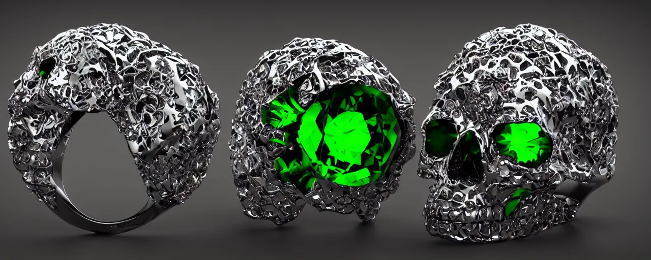 Image similar to simple magic crystal ring of poison, radiant cut, skull, skulls, green, black, purple. smooth shank, setting, prongs, crystal, engravings, diamonds, product design, jewelry, gold, silver, colorful, art by gerald brom, greg rutkowski and artgerm, photo realism, unreal engine, c 4 d