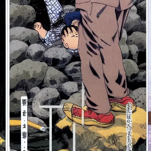 Prompt: man saves a child that is drowning in the river, in the style of katsuhiro otomo, naoki urasawa, hiroya oku, hiromu arakawa, makoto yukimura, yusuke murata, inio asano, naoko takeuchi, rumiko takahashi, takehiko inoue