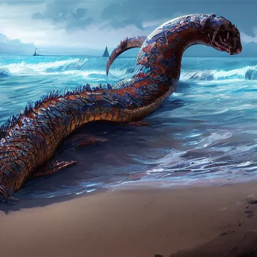 Image similar to a dying beached sea serpent washing up on the shore of a beach concept art by jaime jones, cgsociety, fantasy art, concept art, artstation hd, deviantart hd. masterpiece