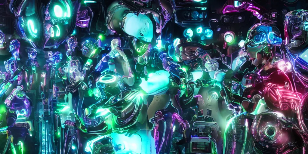 Image similar to diverse groups of cyborgs with glowing electronic bodies, from behind, rebirth, beauty, wide angle, elaborate, wet, highly detailed, colors, beautiful lighting