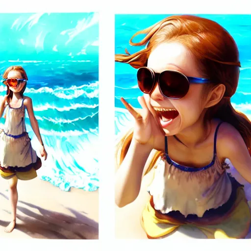 Prompt: Extremely Detailed and Full Portrait scene of Gooey Ocean scene in ink and refined sand, Wendy Thomas Wendys Mascot Girl with shades on face. wearing a sundress full body smiling by Akihito Yoshitomi AND Yoji Shinkawa AND Greg Rutkowski, Mark Arian trending on artstation