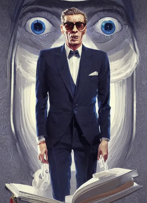 Image similar to full - length portrait of peter o'toole, dressed in a navy blue suit with silver embroidered details, detailed face, fantasy, cinematic lighting, digital art painting, fine details by realistic shaded lighting poster by ilya kuvshinov katsuhiro otomo, magali villeneuve, artgerm, jeremy lipkin and michael garmash and rob rey