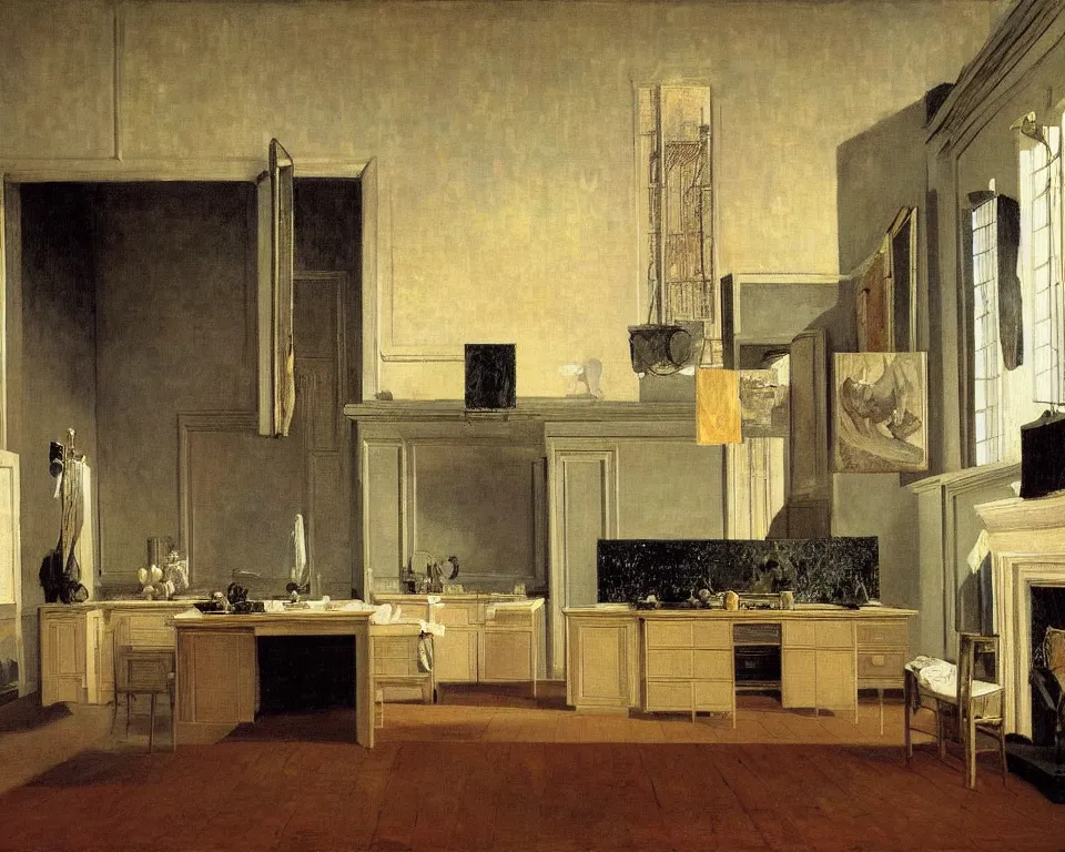 Image similar to achingly beautiful painting of a sophisticated, well - decorated kitchen on warm background by rene magritte, monet, and turner. giovanni battista piranesi.