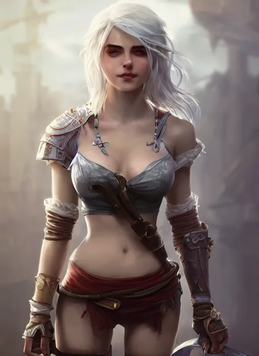 Image similar to ciri, from league of legends, hyper detailed, digital art, trending in artstation, cinematic lighting, studio quality, smooth render, fluorescent skin, unreal engine 5 rendered, octane rendered, art style by klimt and nixeu and ian sprigger and wlop and krenz cushart